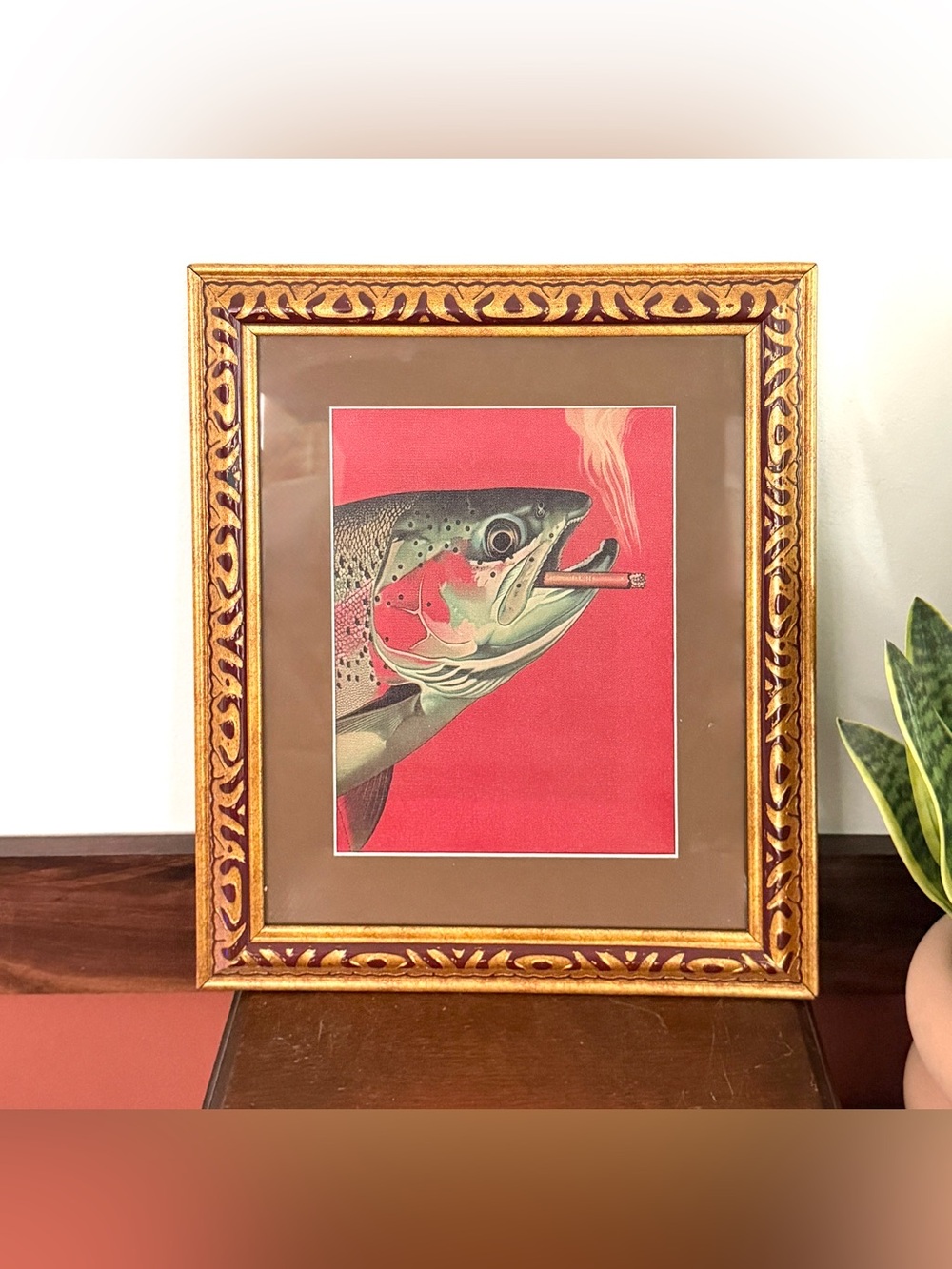 Trout Fish Smoking a Cigarette Vintage Style Canvas Wall Art Print Gold Framed